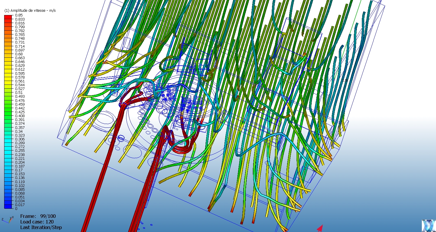 Simulation CFD représentation filaire des flux aérauliques